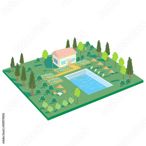 House in nature with pool, trees, recreation area. Isometric vector rest home, sanatorium