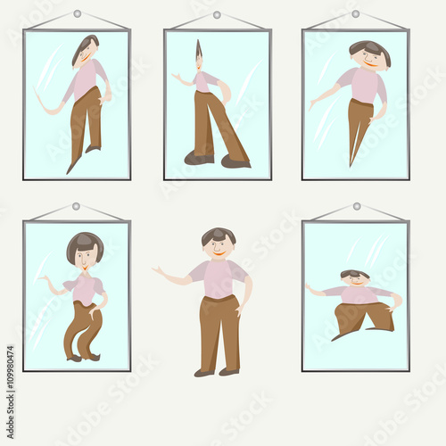 The funny man is distorted in a distorting mirror