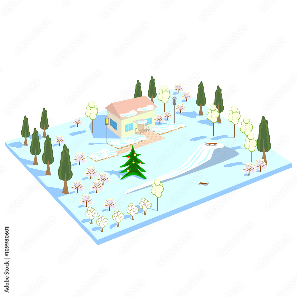 The house the outdoors in winter with a Recreation area, a hill for skiing, a Christmas tree. Isometric winter landscape