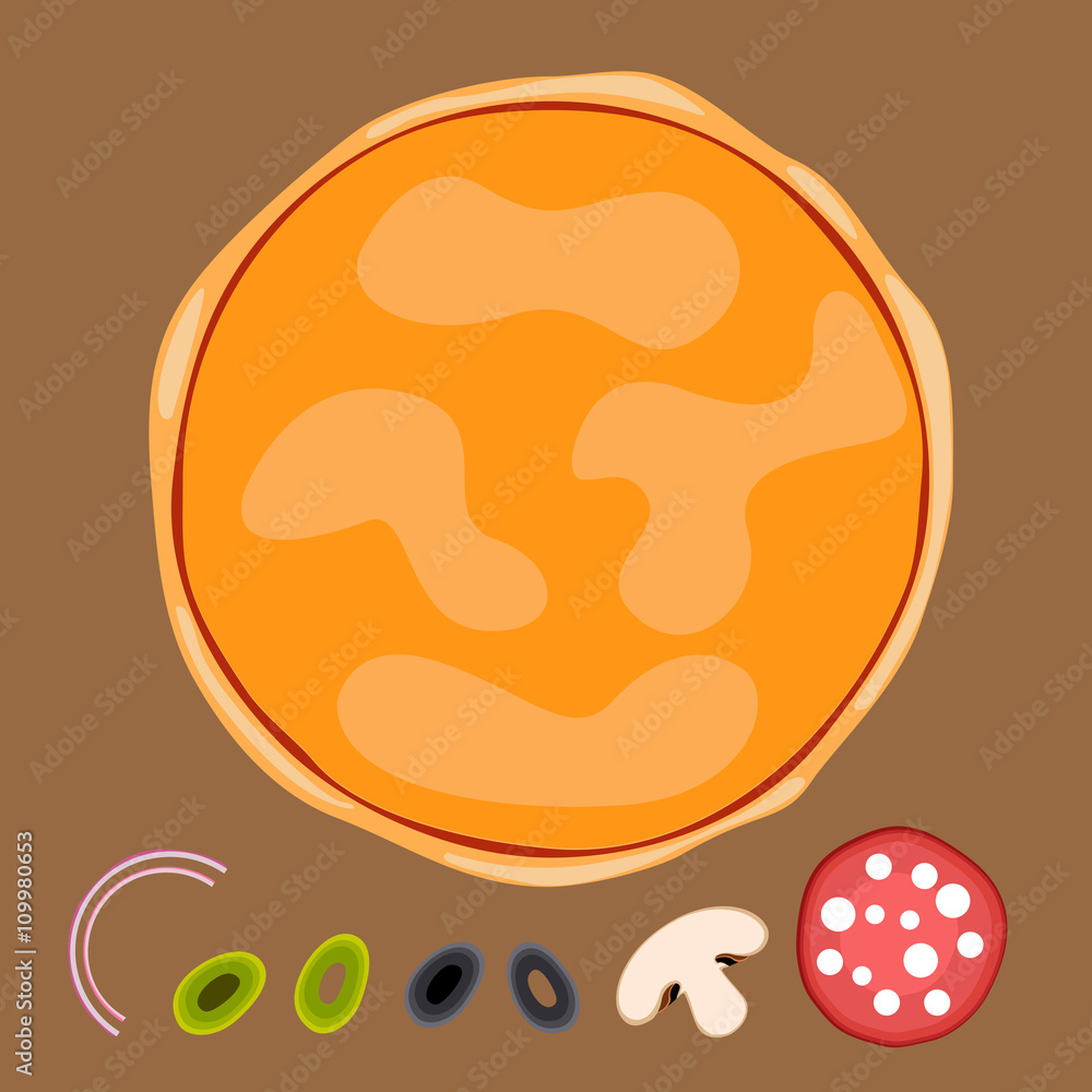 Pizza base and pizza toppings of onions, black and green olives, mushrooms, salami or pepperoni. Vector Illustration Pizza base and pizza toppings of onions, black and green olives, mushrooms, salami or pepperoni. Vector Illustration
