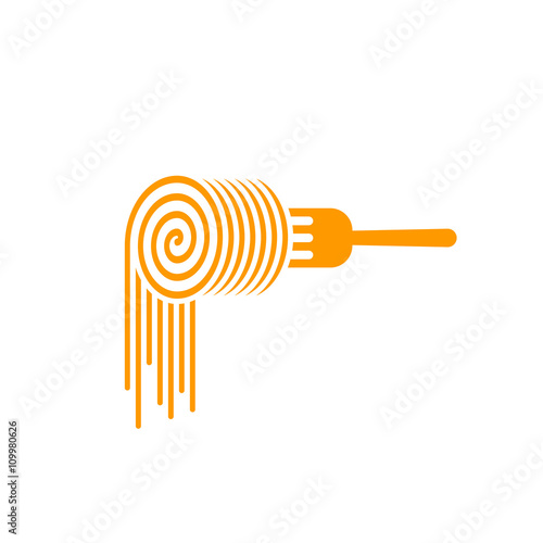 Pasta fork vector logo, fork with pasta roll symbol, concept of noodles brand, food, culinary modern trendy identity, flat pasta logotype design isolated on white background