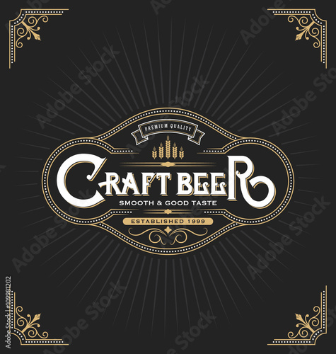 Craft beer sticker label design. Vintage frame template suitable for beer, whiskey, brandy, resort, hotel and luxery place. Vector illustration