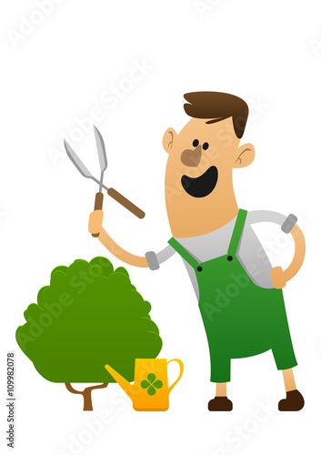 cartoon character cheerful gardener with clippers
