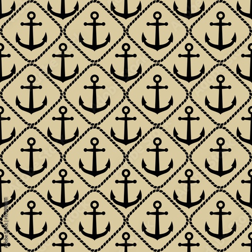 Icono plano patrón con ancla y marco de cuerda sobre fondo beige