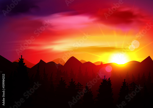 Beautiful Sunset Mountains Landscape. Nature Background Template. Vector Panorama.