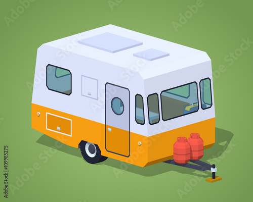 Retro camper against the green background. 3D lowpoly isometric vector illustration