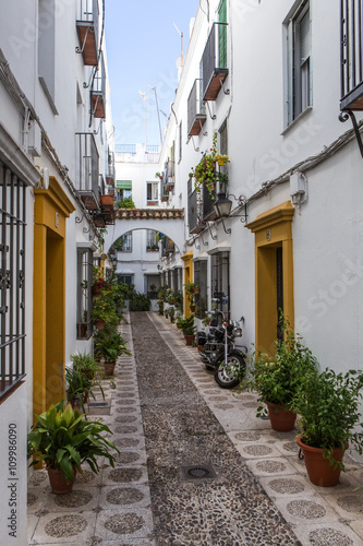 Typical cityscape view of the floral street in the Old Town of Cordoba in Andalusia. Spain