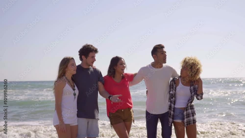 Multiracial group of young friends on the beach walking arm in arm in a line along the sand near the edge of the ocean Multiracial group of young friends on the beach walking arm in arm in a line along the sand near the edge of the ocean