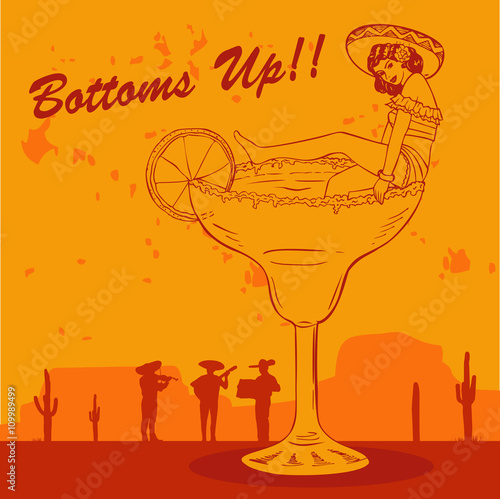 Vintage Margarita Bar Sign, Illustration of Mexican woman in a margarita glass