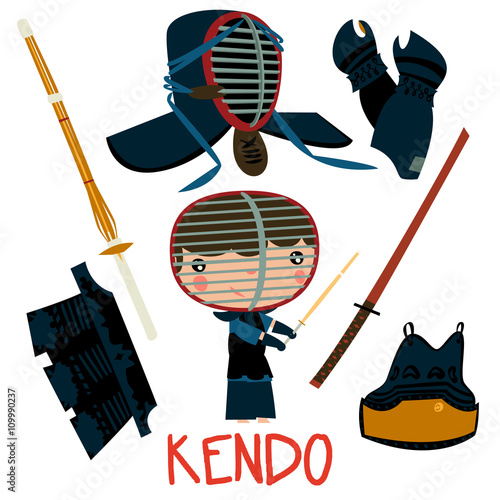 kendo equipment set. cute asian martial arts boy.