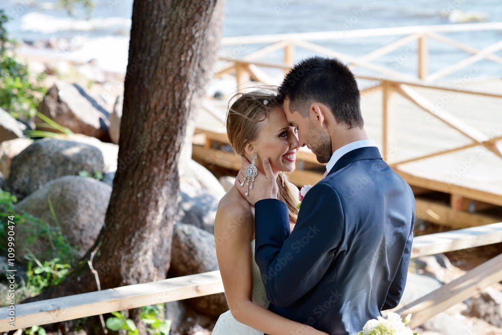 Wedding couple on the nature is hugging each other. Beautiful model girl in white dress. Man in suit. Beauty bride with groom. Female and male portrait. Woman with lace veil. Lady and guy outdoors Wedding couple on the nature is hugging each other. Beautiful model girl in white dress. Man in suit. Beauty bride with groom. Female and male portrait. Woman with lace veil. Lady and guy outdoors