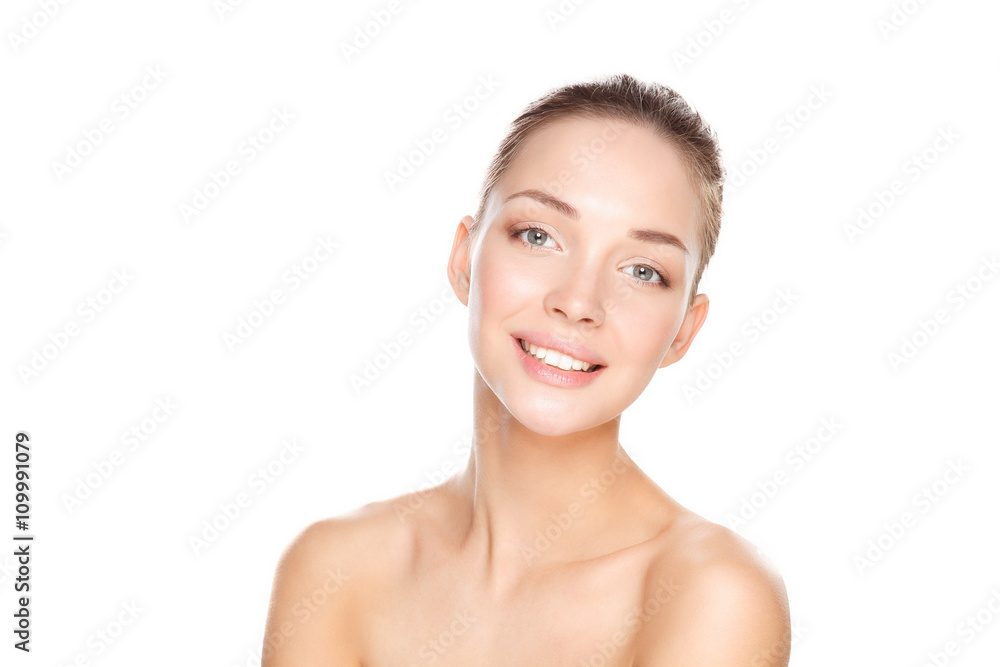 Close up portrait of beautiful young woman face. Isolated on white background. Close up portrait of beautiful young woman face. Isolated on white background.