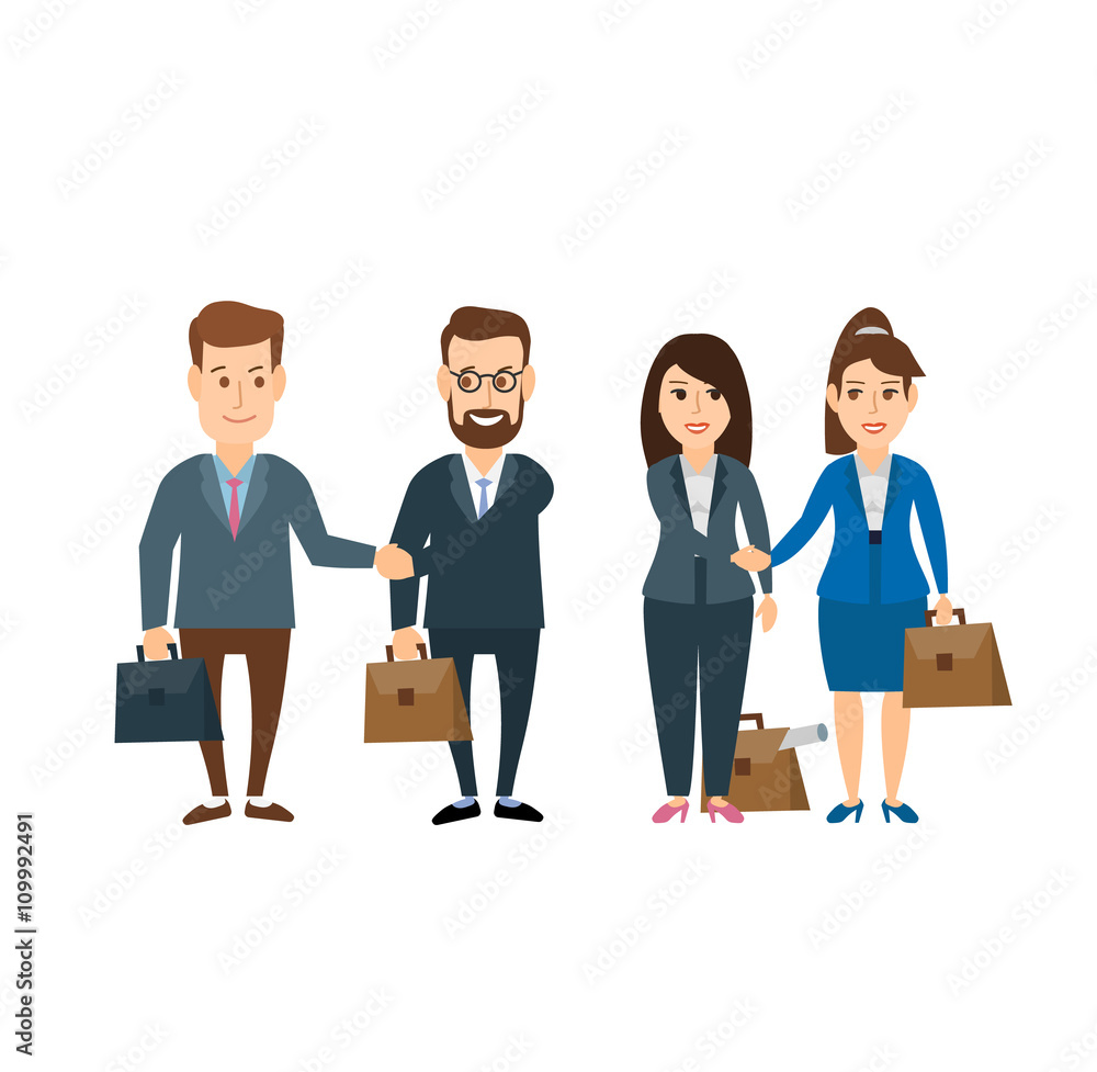 business men and business women shaking hands. business deal concept illustration isolated on white background business men and business women shaking hands. business deal concept illustration isolated on white background