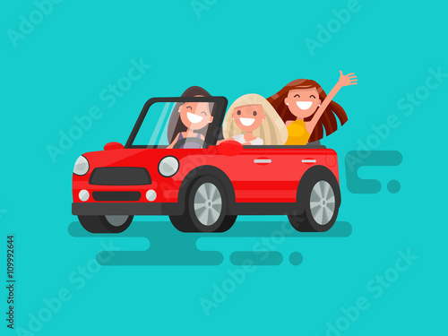 Three girlfriends are riding to a gig. Vector illustration
