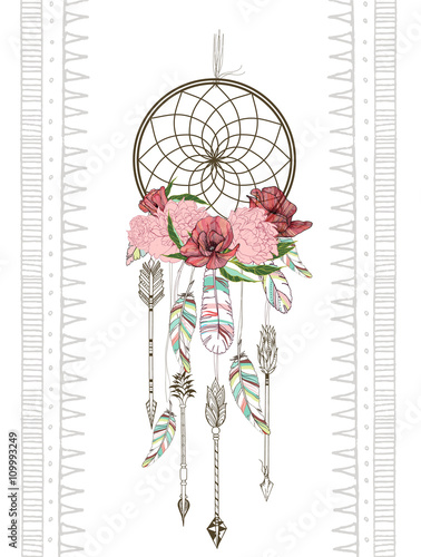 Vector hand drawn illustration of dreamcatcher. Traditional boho chic romantic  decoration, with aztec arrows, feather and flowers.