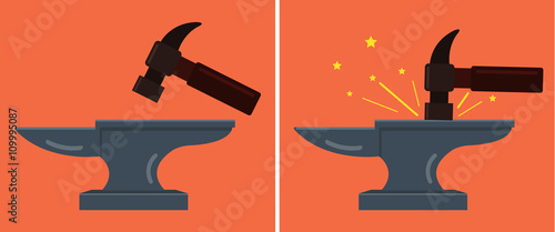 Anvil and hammer. Vector flat cartoon illustration
