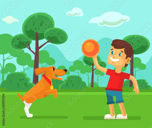 Boy playing with cute dog. Vector flat cartoon illustration