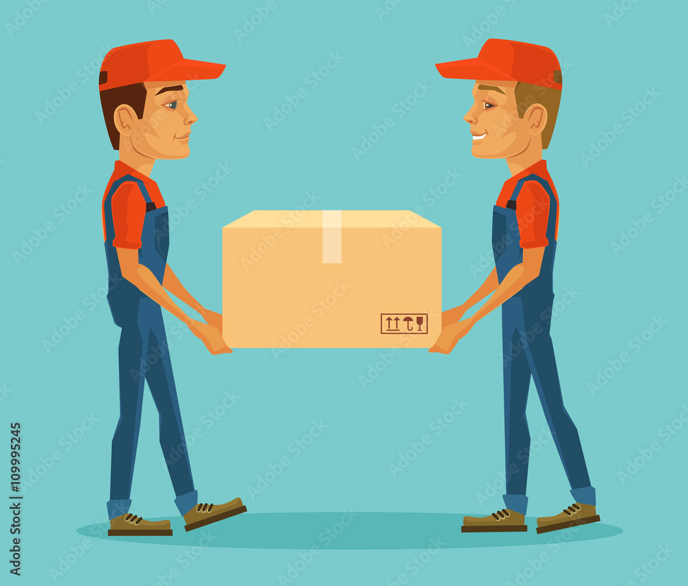 Two workers carrying big box. Vector flat cartoon illustration Two workers carrying big box. Vector flat cartoon illustration