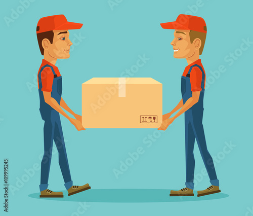Two workers carrying big box. Vector flat cartoon illustration