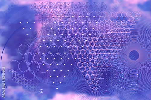 Sacred geometry symbols and elements background. Cosmic universe big bang alchemy religion philosophy astrology science physics chemistry and spirituality themes
