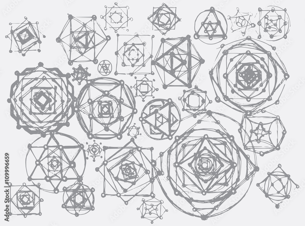Sacred geometry symbols and elements background. Cosmic universe big bang alchemy religion philosophy astrology science physics chemistry and spirituality themes