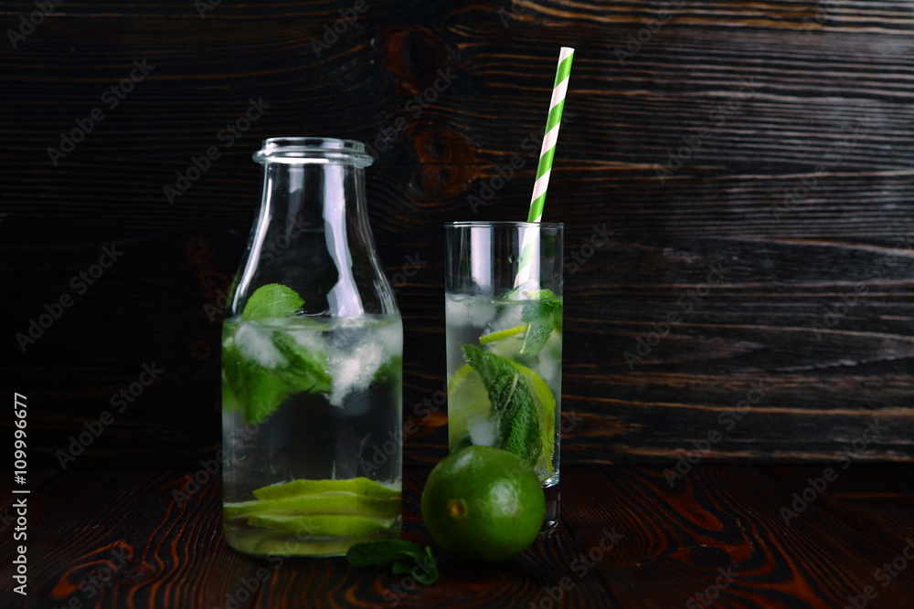 lemonade with lime and ice on a wooden background lemonade with lime and ice on a wooden background