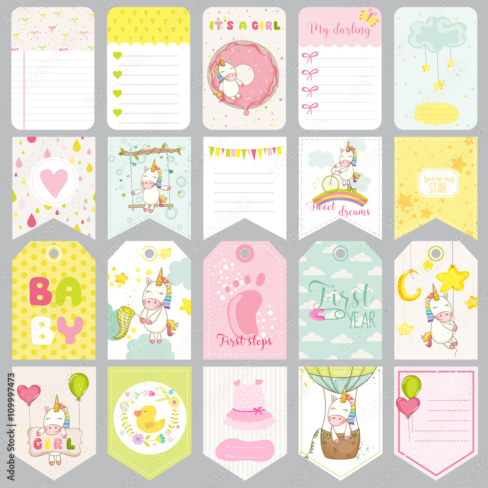 Baby Unicorn Tags. Baby Banners. Scrapbook Labels. Cute Cards