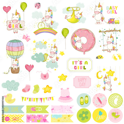 Baby Girl Unicorn Scrapbook Set. Vector Scrapbooking. Decorative Elements