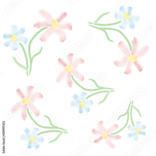vector very bright watercolor floral pattern on white background - blue and pink flowers