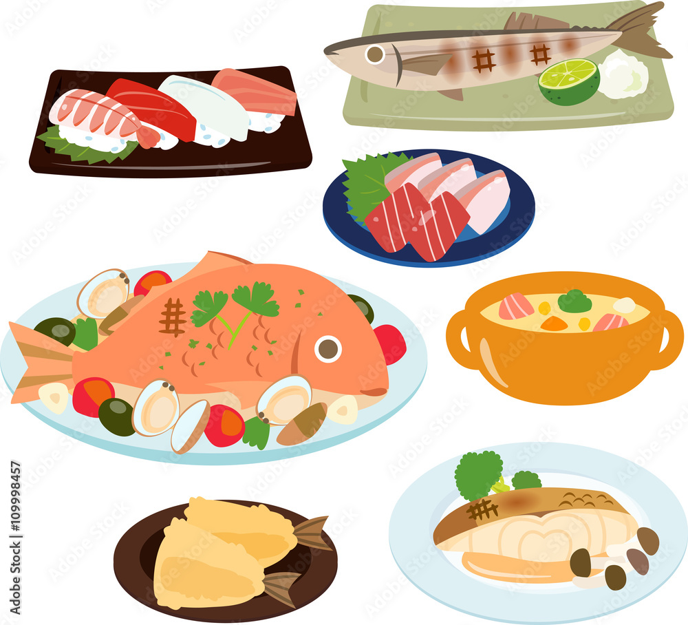 魚を使った料理のイラストセット Stock Vector Adobe Stock