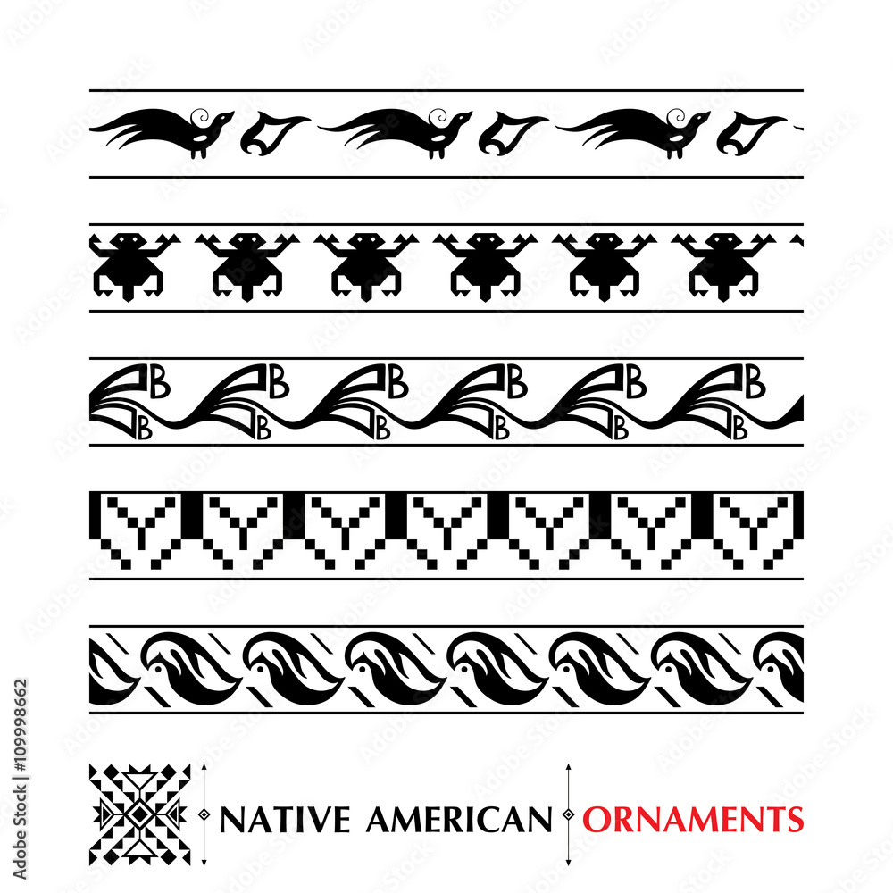 Vettoriale Stock Vector collection with Native American seamless pattern  isolated on white background. Ethnic ornaments and borders. Set of ancient American  decor. Tribal elements in contour style for native design. | Adobe