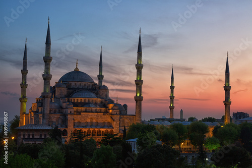 Sultan Ahmed Mosque (Blue Mosque) in Istanbul early in the morning on a sunset in evening illumination
