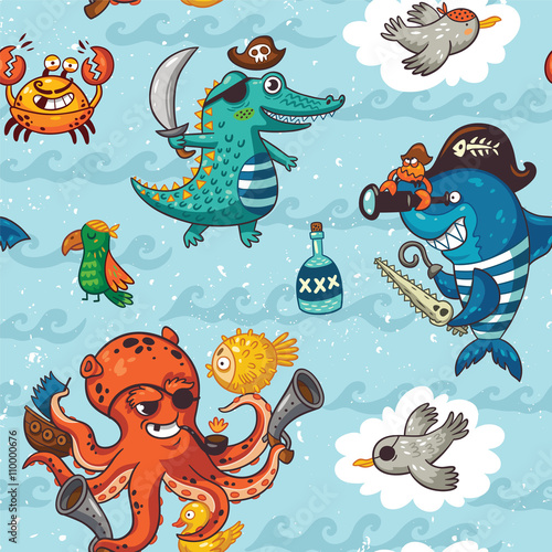 Seamless pattern with underwater pirates, crocodile, octopus, shark, crab