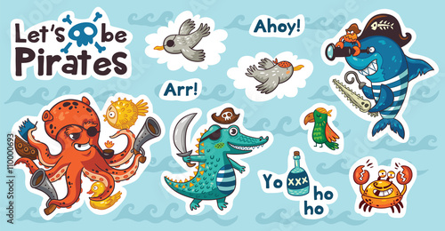 Sticker set of underwater pirates in cartoon style