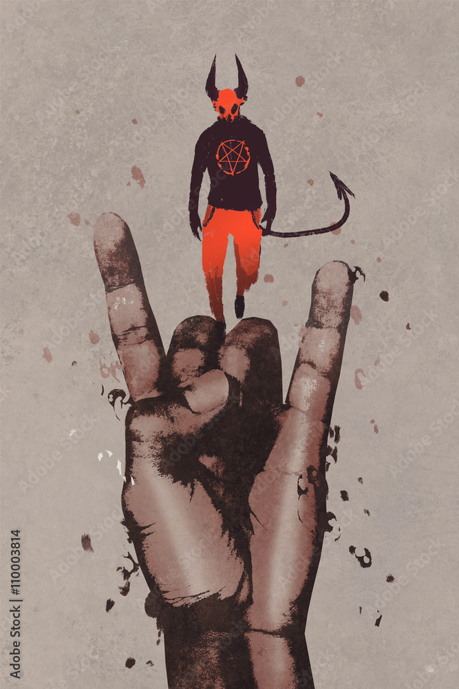 Obraz premium big hand in devil horns sign with devil,satan,illustration painting