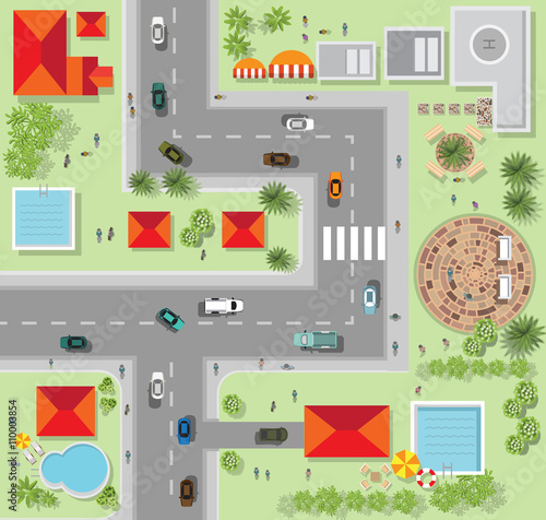 Top view of the city of streets, roads, houses, vector