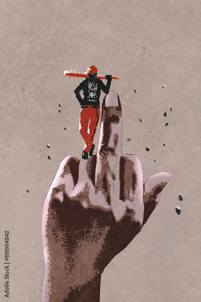 Fototapeta premium middle finger hand sign with bad guy holding wooden stick,illustration painting
