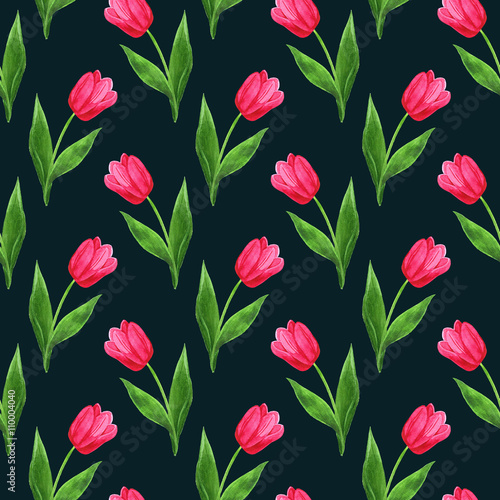 watercolor seamless tulips pattern dark jade background 