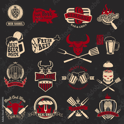 Set of the grill, barbecue, fresh beer, steak house labels and e