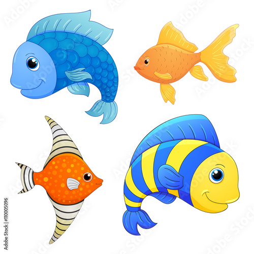 Sea fishes set. Vector fish. Cartoon cute character. Cartoon fish. Hand draw illustration.  photo