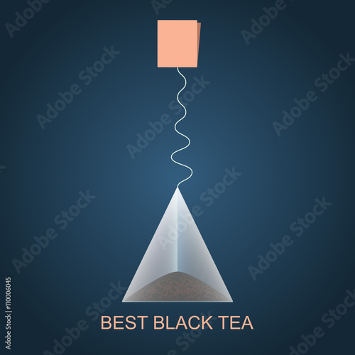 Isolated pyramid of black tea with label. Vector illustration.