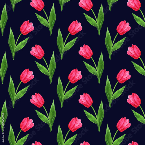 watercolor seamless tulips pattern dark blue background