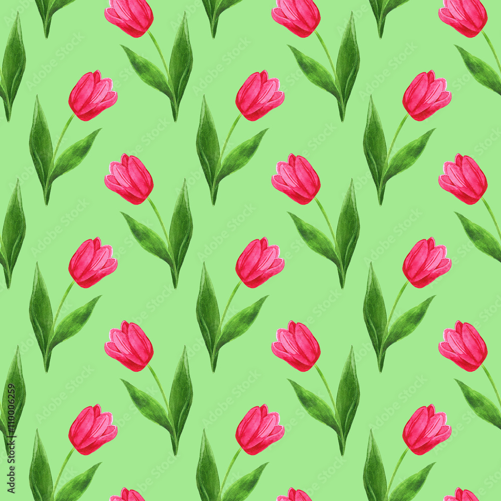 Obraz premium watercolor seamless tulips pattern green background