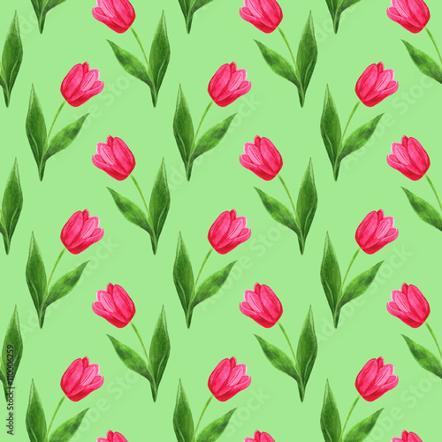 watercolor seamless tulips pattern green background