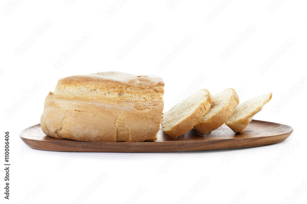 wooden plate with slices of fresh bread wooden plate with slices of fresh bread