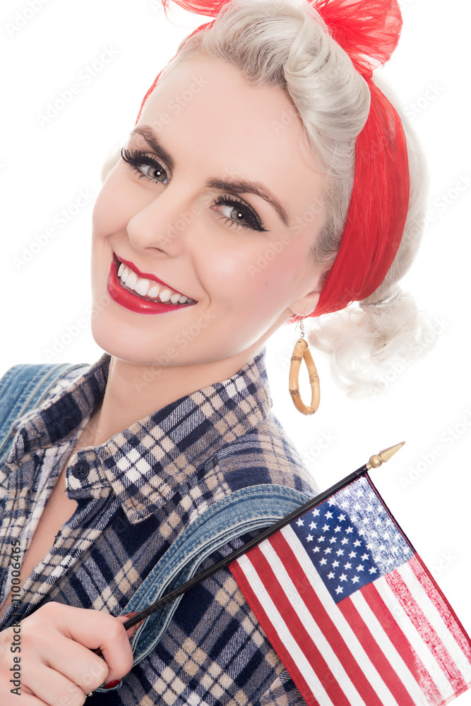 Tight close shot of excited retro woman celebrating 4th July wit Tight close shot of excited retro woman celebrating 4th July wit