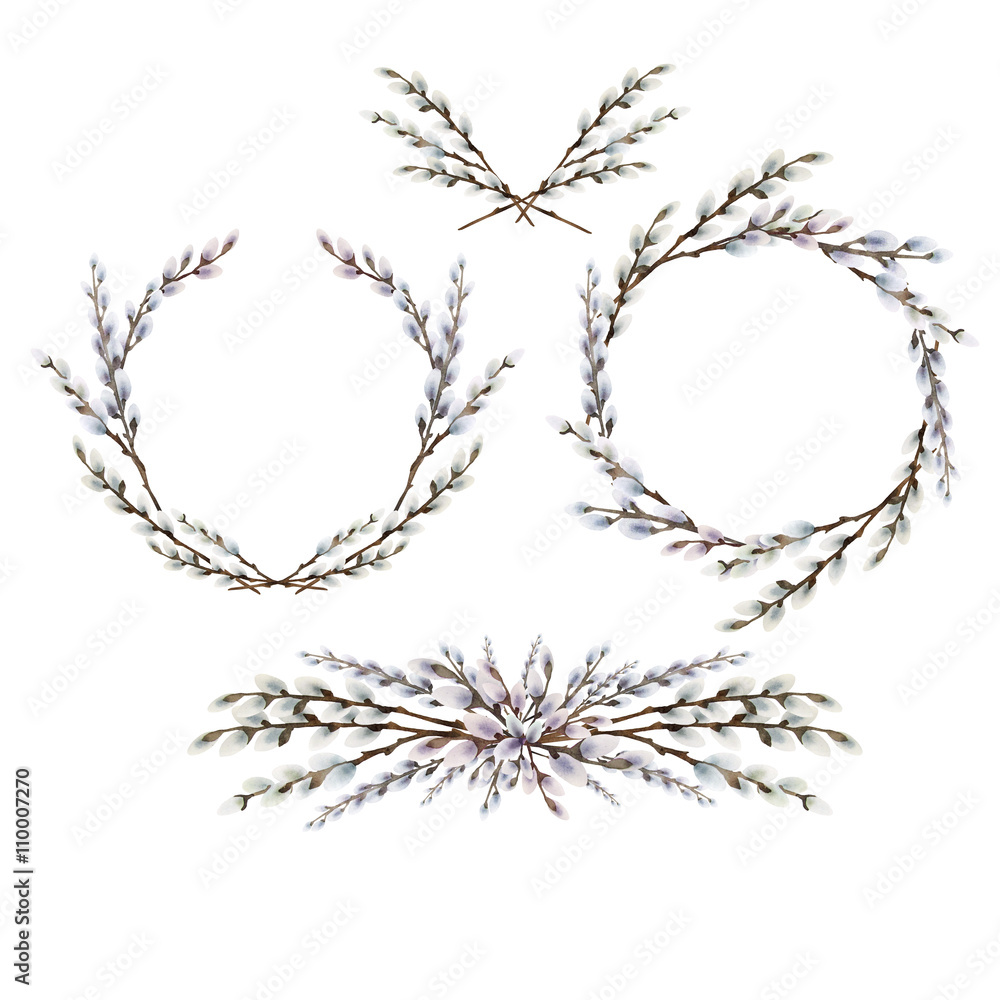 Fototapeta premium Watercolor pussy-willow wreath and vignettes