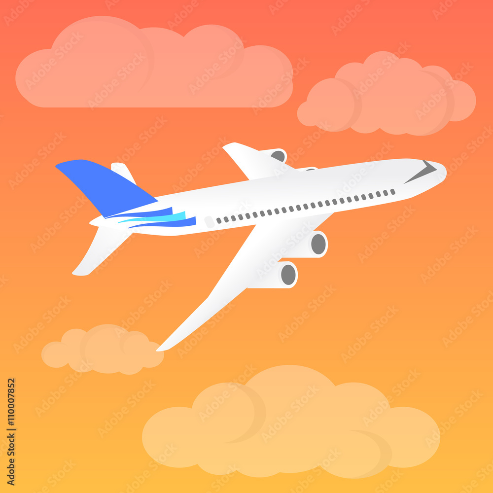 Airplane landing at sunset. Flight of the plane in the sky. Passenger planes, airplane, aircraft, flight, clouds, sky. Vector illustration