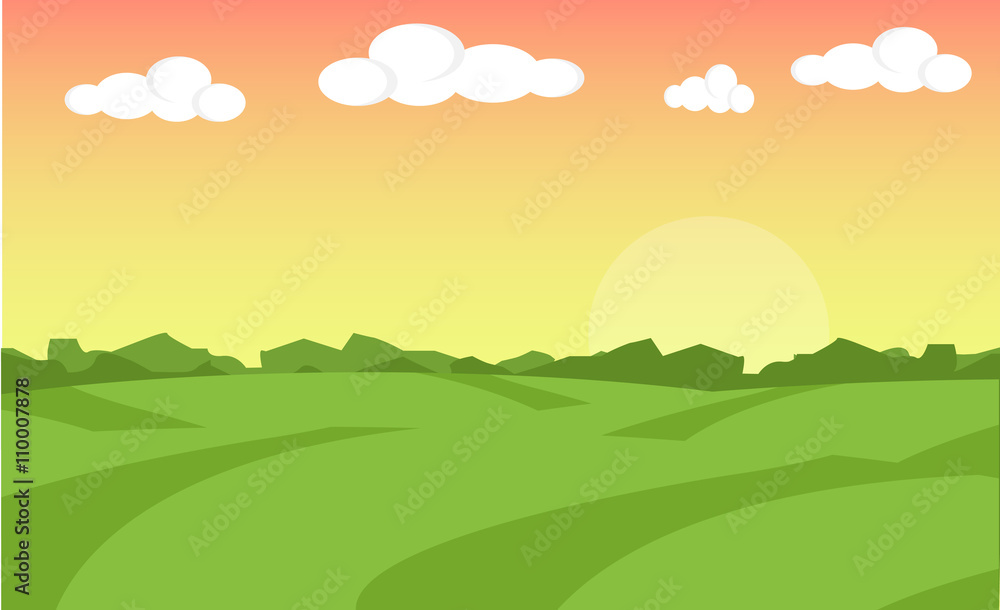 Farm landscape. Farm landscape illustration. Farm field background. Farm sunrise background. Vector illustration