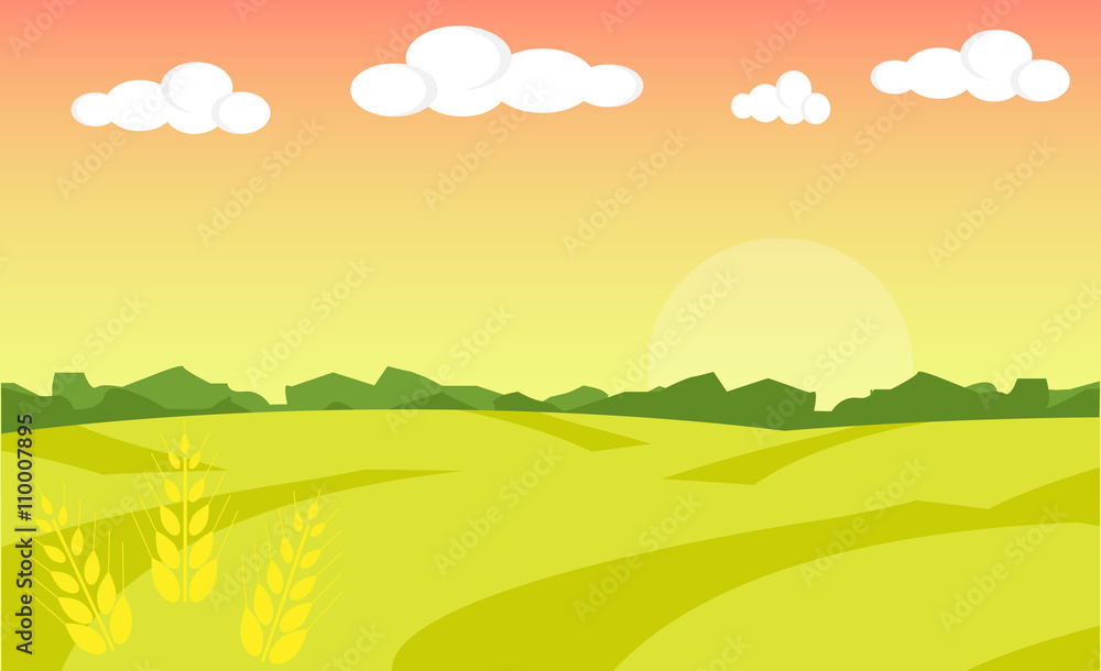Farm landscape. Farm landscape illustration. Field wheat background. Farm sunrise background. Vector illustration